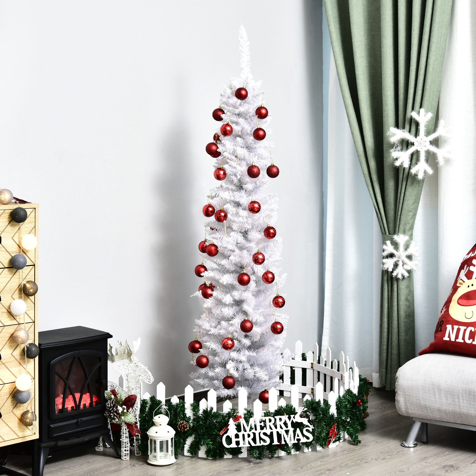 HOMCOM Unlit Slim Noble Fir Hinged Artificial Christmas Tree with Realistic Plastic Branches and 390 Tips, 6' Tall, White