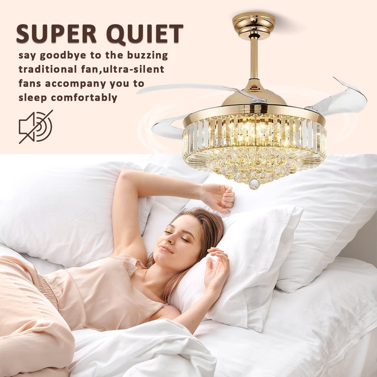 Jacgood 42" Retractable Crystal Ceiling Fan with Light and Remote Control, 6-Speed Quiet DC Motor, Dimmable LED Fandelier for Bedroom and Living Room, Gold Finish