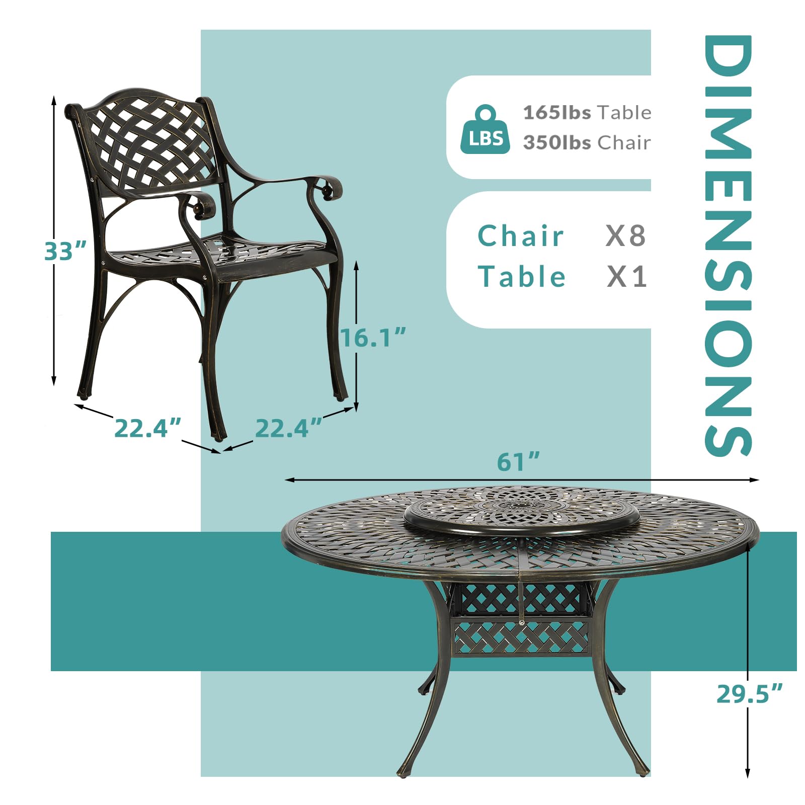 MEETWARM 9-Piece Outdoor Furniture Dining Set, All Weather Cast Aluminum Patio Garden Set- 8 Chairs, 61" Round Patio Dining Table with Detachable Lazy Susan, Umbrella Hole, Dark Bronze