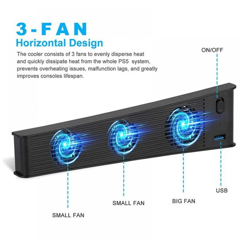 Cooling Fan for PS5 Slim Console, Quiet Cooling System with Memory Function  and LED Light, Cooler Accessories with 3 High-Speed Fans & USB 3.0 Port
