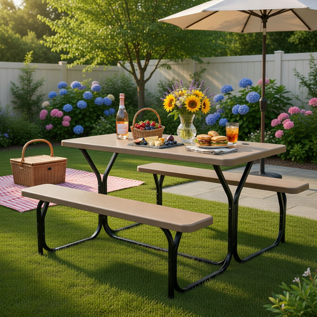 Hommoo HDPE Outdoor Picnic Table and Bench Set with Powder-Coated Steel Frame, Weather-Resistant, Easy-Assembly Backyard Dining Set, Coffee