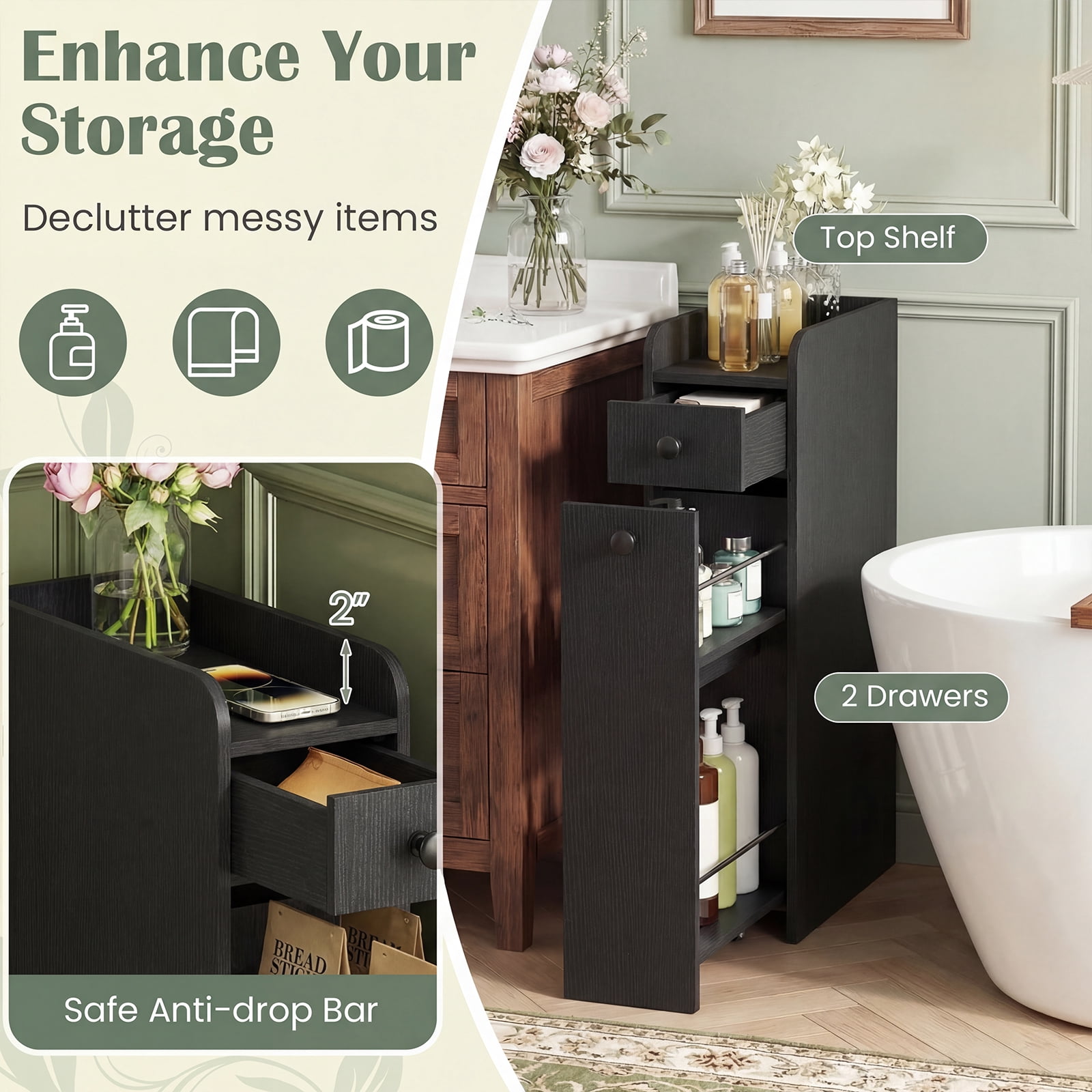 Costway Small Bathroom Storage Cabinet 4-Tier Narrow Toilet Side Storage Cabinet Black