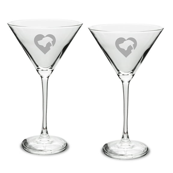 Cat Dog Heart Deep Etched Martini Glass Set of 2