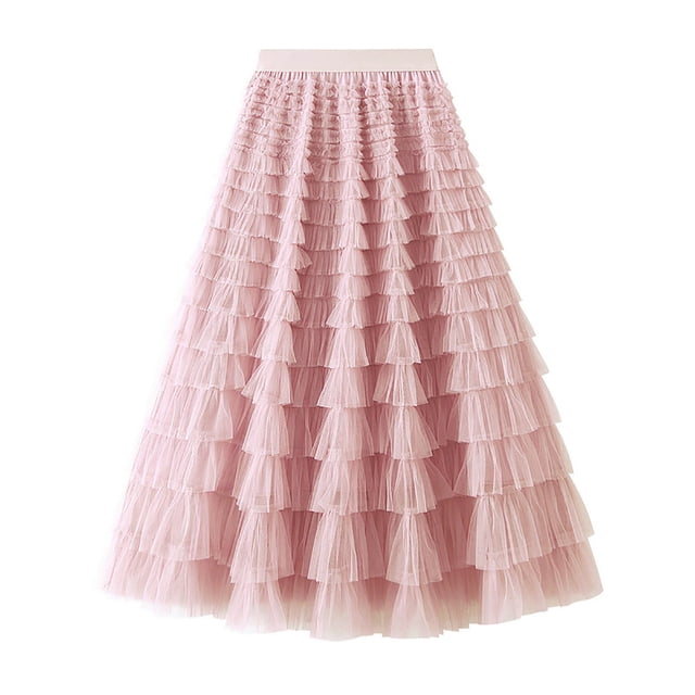 Miqool Womens A-Line Skirt Mesh Layered Hem Multilayer Tiered Puffy Ruffles Tulle Midi Skirt