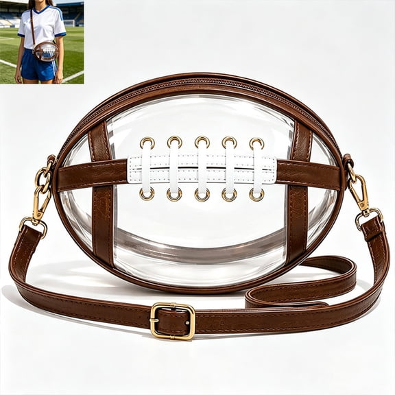 Football Shaped Clear Crossbody Bag for Women Clear Stadium Bag, Holographic Crossbody Bag with Top Handle, Small Y2K Handbag for Events(Brown)