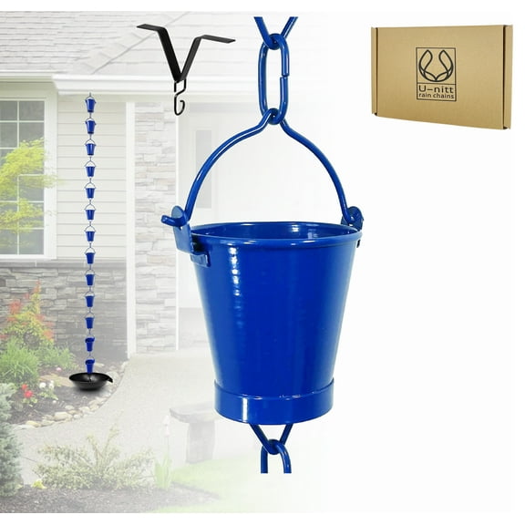 U-nitt Rain Chains, Roof Gutter Downspout Channel, Rainwater Catcher/Diverter, 8.5 FT, Metal, Blue Powder Coated, Farmhouse Bucket, 8146BLU
