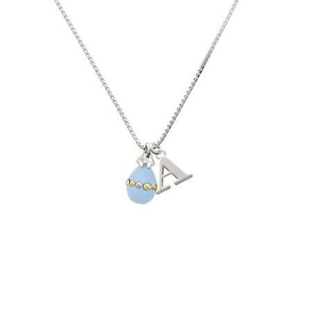 Crystal Egg Pendant - Silvertone Light Blue Easter Egg with Multicolored Crystal Band - A - Initial Necklace