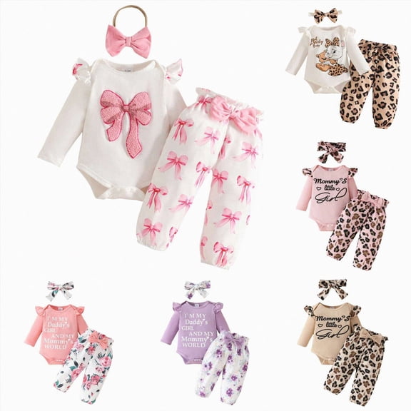 CAUYDY Newborn Picture Outfit for Baby Girls 0 3 6 9 Months 1T Toddler Ruffle Long Sleeved Jumpsuit Pants Headband 3-Piece Clothes Set Cute Pink Sizes 6-9 Months