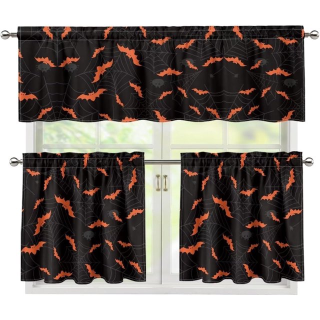 Halloween Bat Kitchen Curtains and Valances 3 Piece Set,Valance Curtains for Kitchen Windows Halloween Kitchen Curtains Tiers and Valances for Cafe Living Room Window Decoration