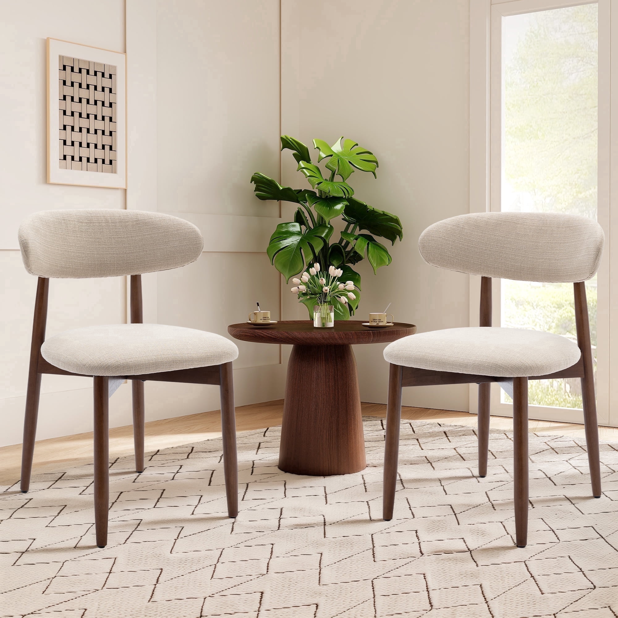 Set of 2 Upholstered Modern Dining Chair, Wooden Kitchen Side Chair for Dining Room and Café, Beige