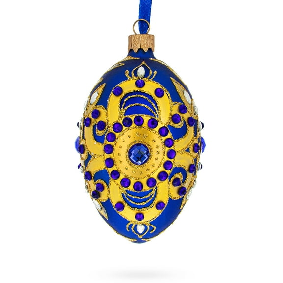 Golden Leaves on Blue Glass Egg Christmas Ornament 4 Inches