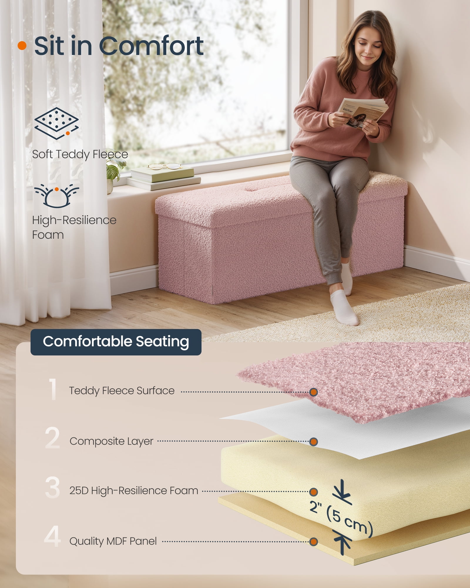 SONGMICS HOME 43" Storage Ottoman Bench Folding Ottoman with Storage Load up to 660 lb for Living Room Bedroom Jelly Pink