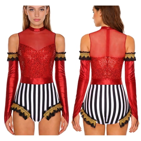 Aislor Womens Circus Bodysuit Ringmaster Cosplay Outfits Set Dance Leotard with Sleeves Red M