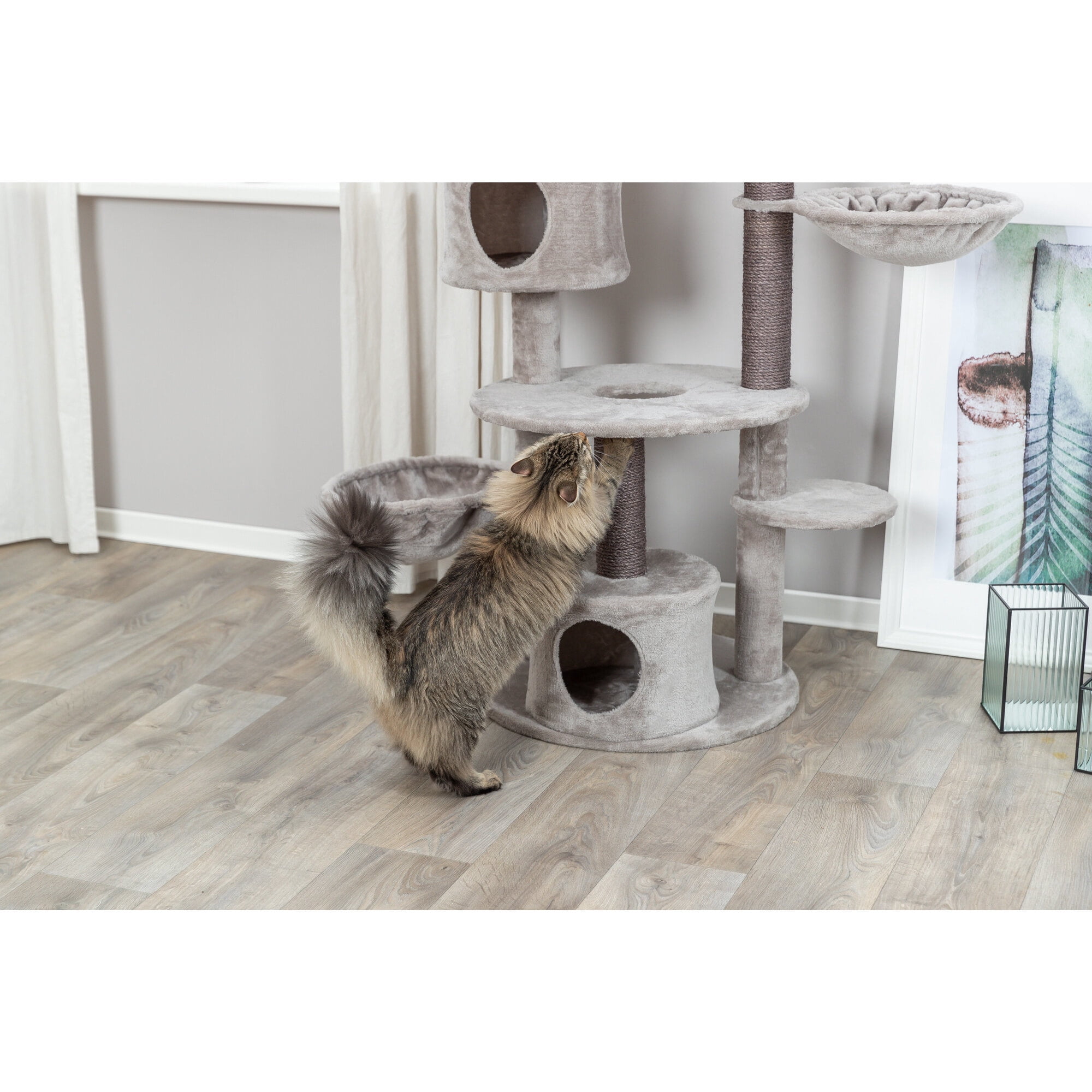 TRIXIE Anna Plush & Sisal 50" Cat Tree Scratching Posts Condos Hammocks Perches Cat Toy, Gray