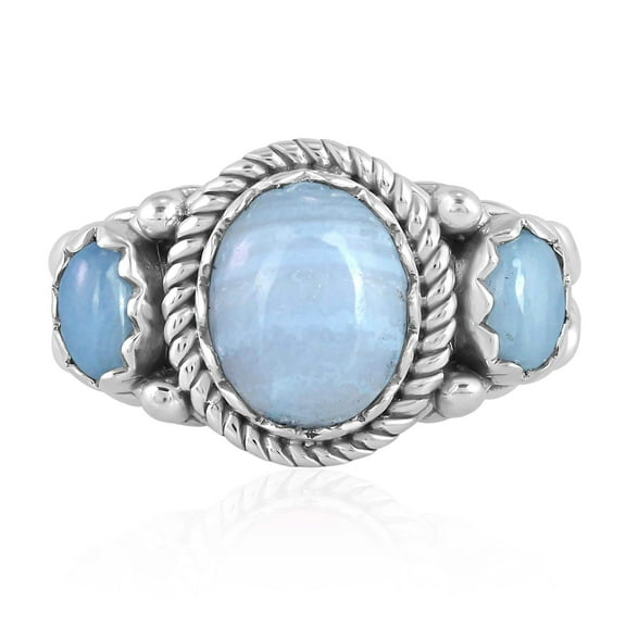 Sterling Silver Blue Lace Agate 3-Stone Ring, Sizes 5 to 11