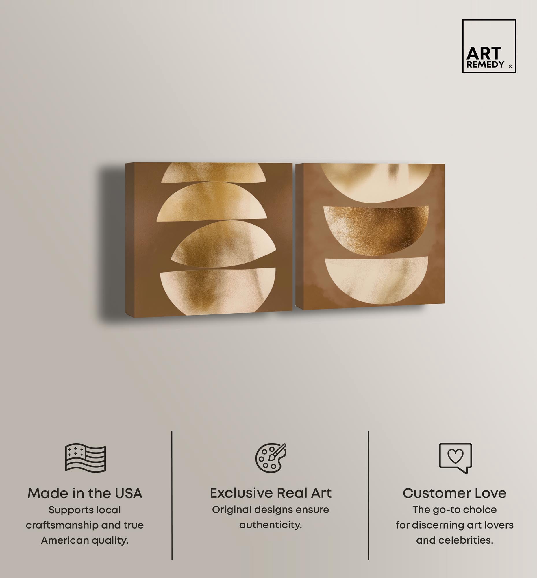 Gold Crescents Diptych Canvas Print Beige Wall Decor Set by Art Remedy, Gallery Wrapped, 24 x 24