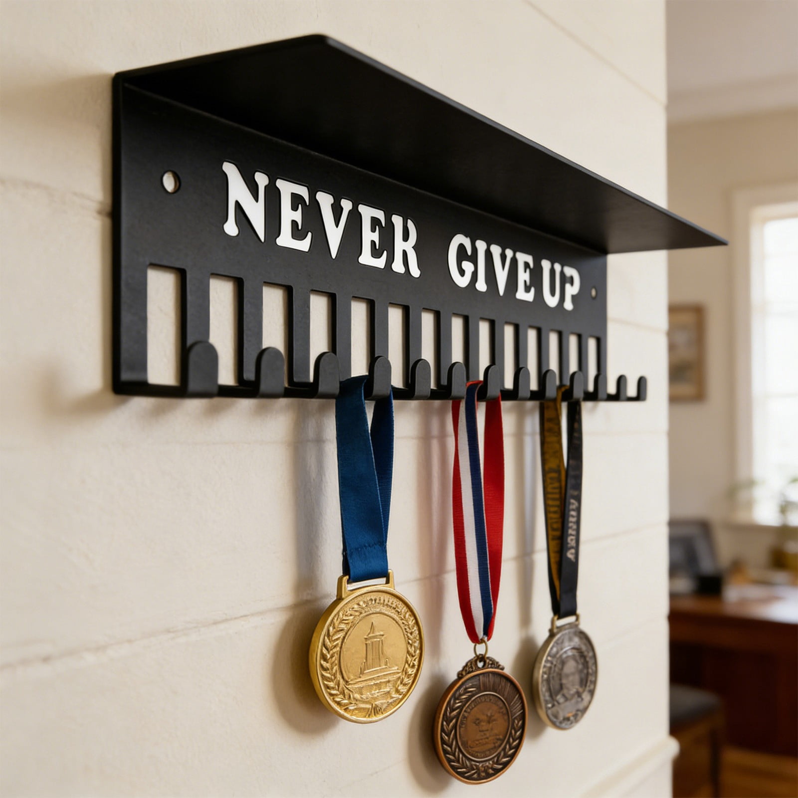 Medal Hanger Display Rack with Trophy Shelf,Metal Awards Rack for Walls Holds 64+ Sports Medals，For Medals Metal Wall Mount Medals