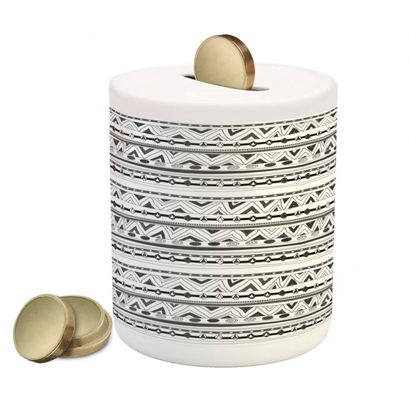 Tribal Piggy Bank, Prehistoric Aztec with Circles Triangles Tribal Folk Pattern, Ceramic Coin Bank Money Box for Cash Saving, 3.6" X 3.2", Charcoal Grey White, by Ambesonne