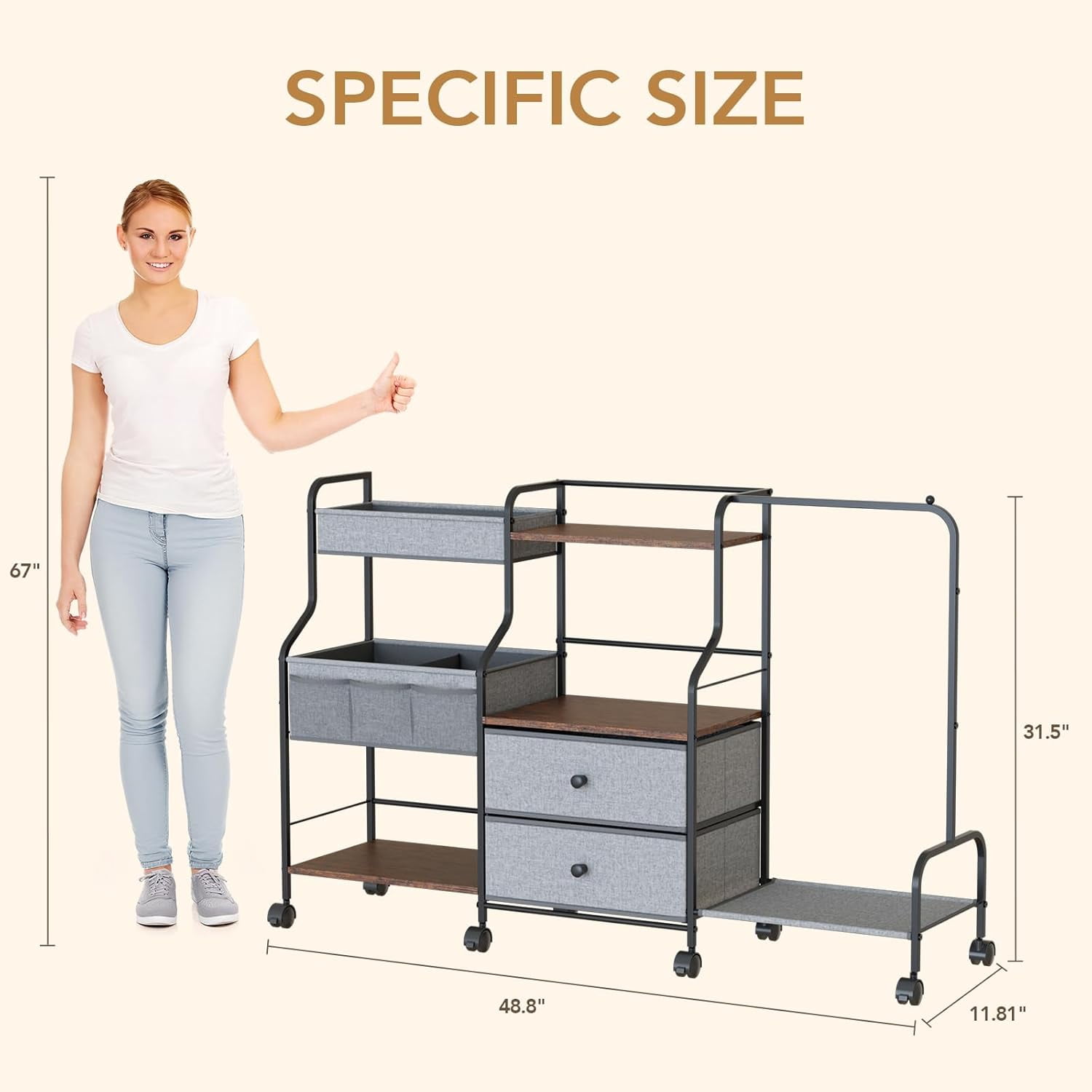 Diaper Caddy Organizer with Hanging Rack - 3 Tier Rolling Utility Cart with Drawers and Dividers for Storage - Bedside Cart, Gray