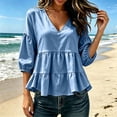 thumbnail image 2 of Loopsun Womens 3/4 Sleeve Fall Tops Fashion Solid V Neck Ruffle Puff Sleeve Shirt, 2 of 5