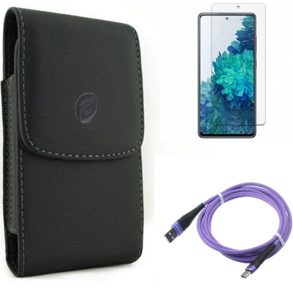 Case Belt Clip & 10ft USB Cable & Screen Protector for Samsung Galaxy S20 Fan Edition - Leather Holster   Purple Type-C   Anti-Glare Tempered Glass Combo