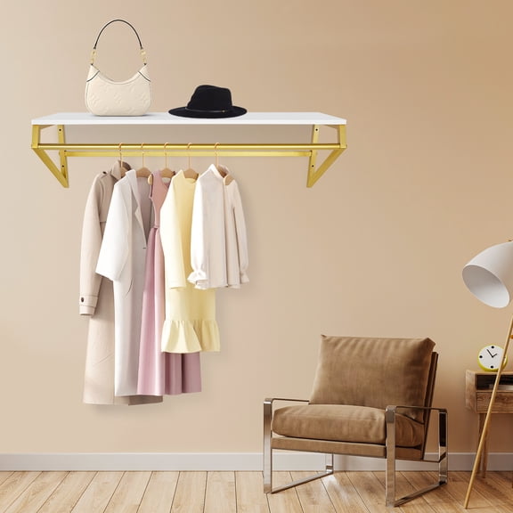 41.34*9.84 Wall Mount Effortless Cleaning Clothes Rack with Top Shelf White Gold for Clothing Stores