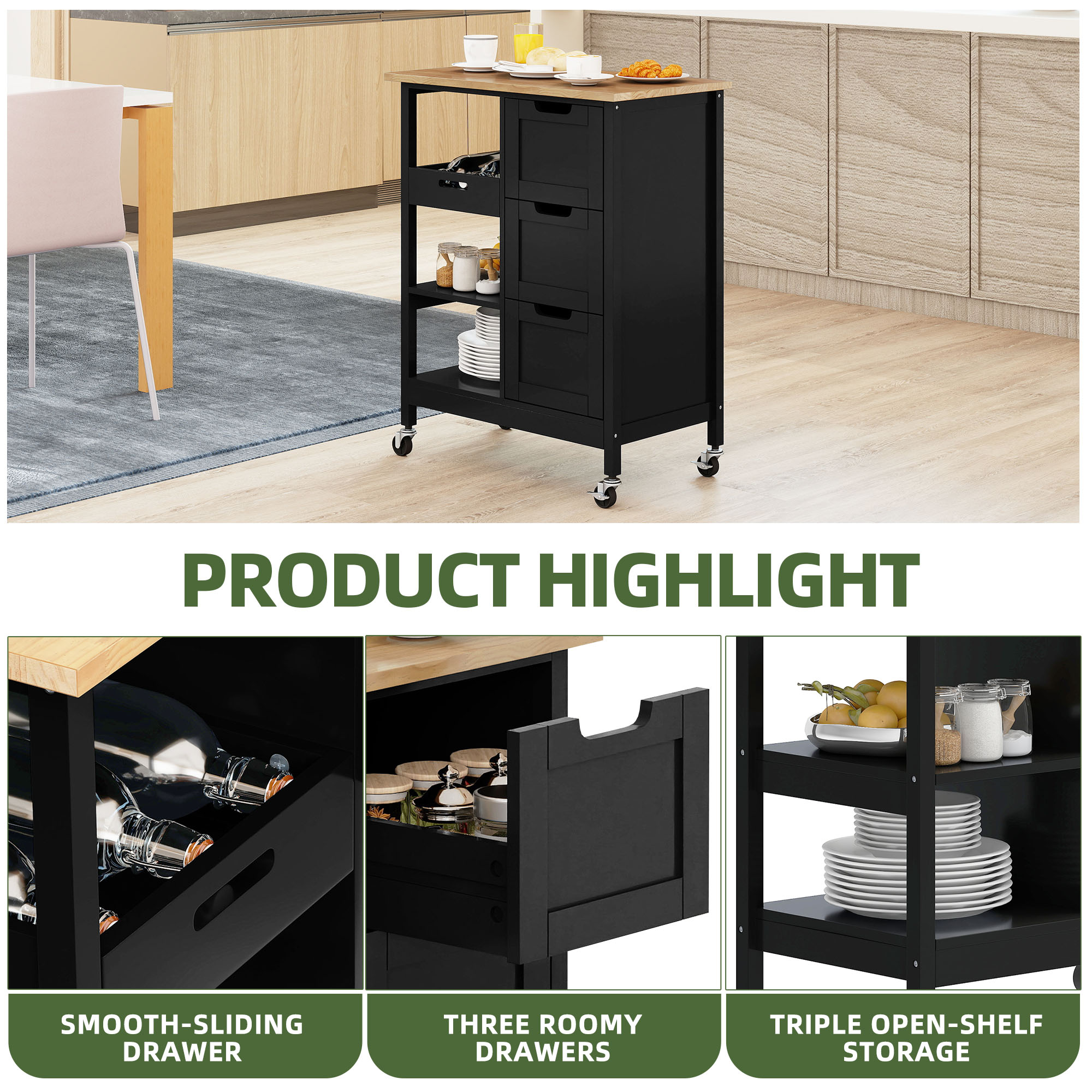 Uforic Kitchen Storage Cart with Drawers & Open Shelves, Rolling Kitchen Island, Black