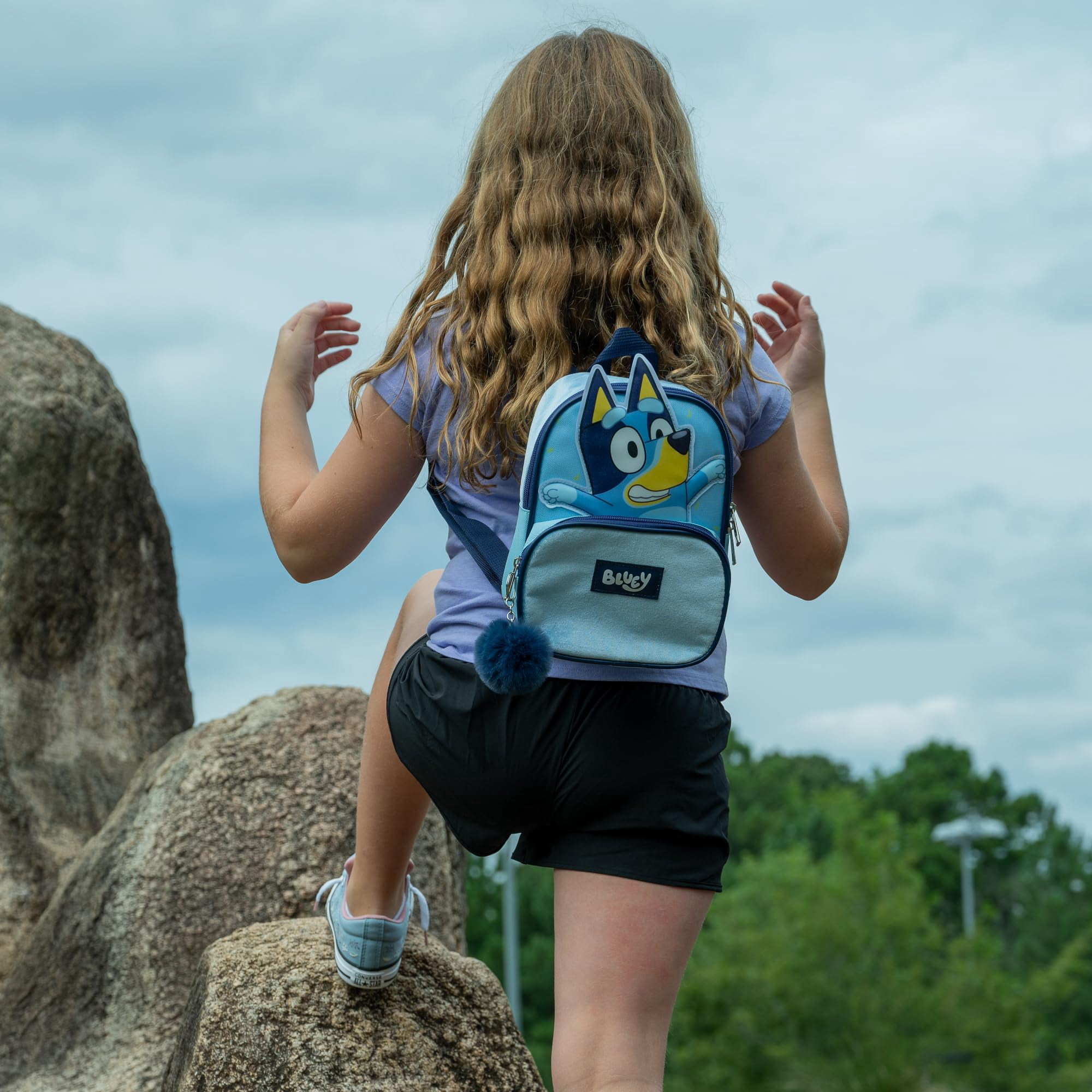 Bluey 9” Micro Mini Backpack Purse Featuring a 3D Bluey Glitter Patch with Pom Pom Dangle, Blue