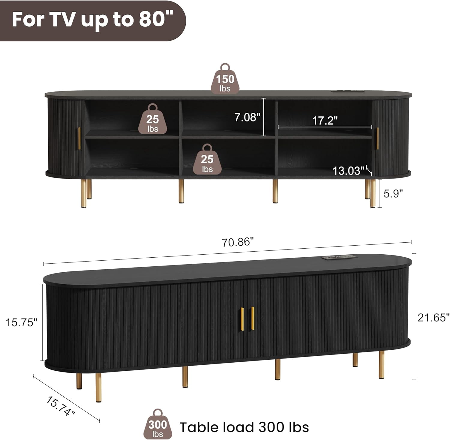 TV Stand with Power Outlet for TVs up to 75 Inch, Modern Entertainment Center with Storage, Adjustable Shelves & Sliding Doors, Media Console for Living Room Bedroom (Black, 71 Inch)