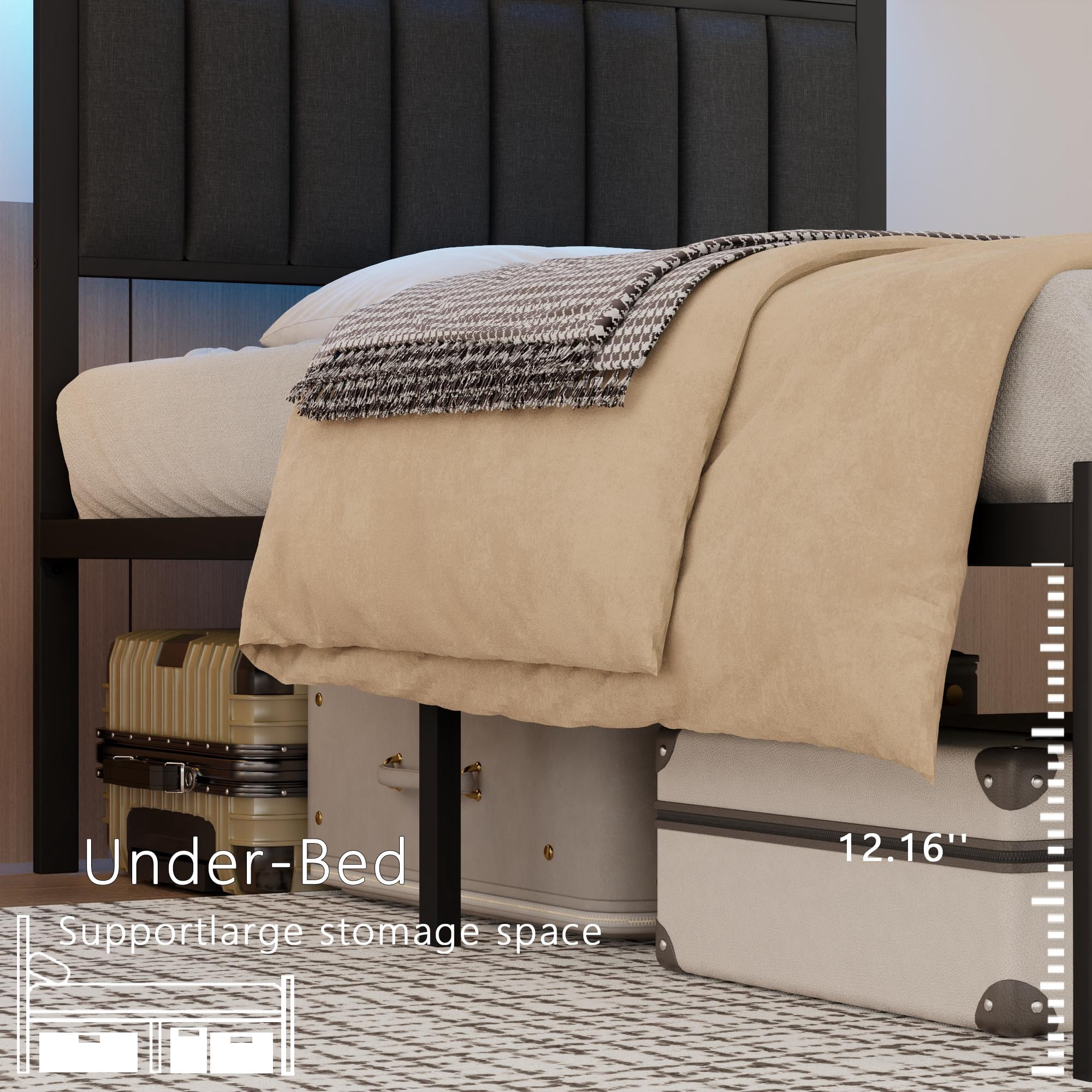 Tydimor Twin Bed Frames with USB Ports and Outlets, LED Gaming Bed Metal Frame Underbed with Headboard, Niose Free