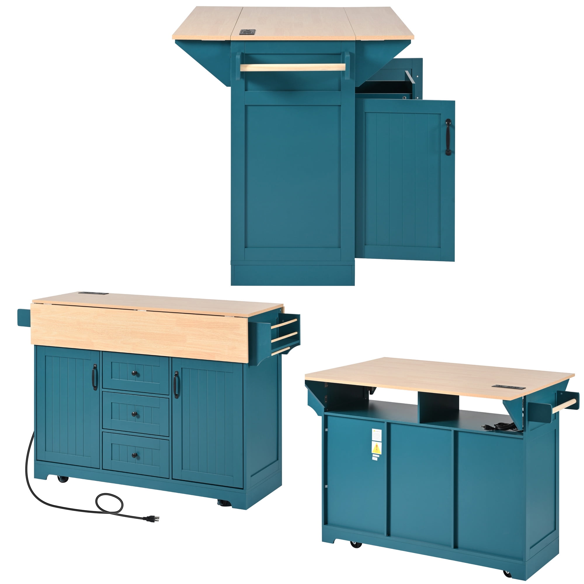 Large Kitchen Island with 2 Drop Leaf for Kitchen and Dining Room, Rolling Kitchen Cart on 5 Wheels with Power Outlet,55.7'' x(17.3”~33.5”)x36.5” Green