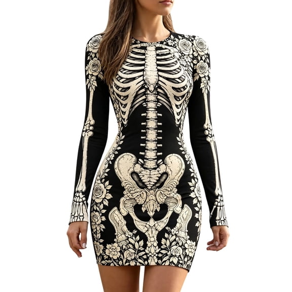 Huowey Gothic Skeleton Bodycon Dresses Halloween Witch Costume Women Elegant Cosplay Party Gown Slim Fit Long Sleeve Crew Neck Eye-Catching Trick Or Treat Dress,Black,XXL