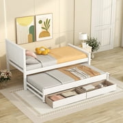 Bellemave Twin Bed with Trundle and 2 Storage Drawers, Wood Platform Bed Frame with Headboard and Trundle Bed, Twin Size Storage Bed for Bedroom (White)