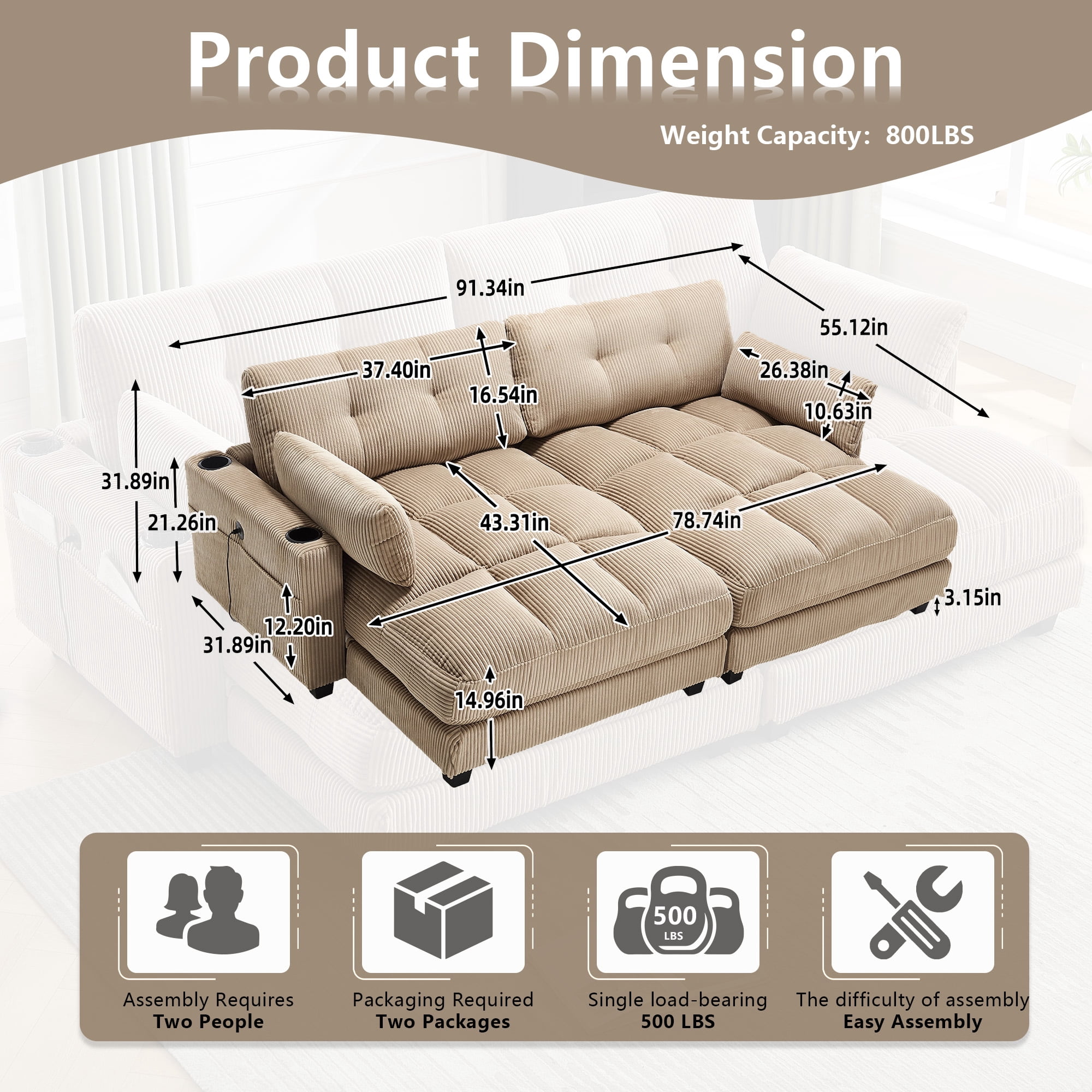 MOONMISS Corduroy Upholstered Soft Deep Seat Sleeper Loveseats Sofa with USB,Type-C&Cup Holders-Khaki
