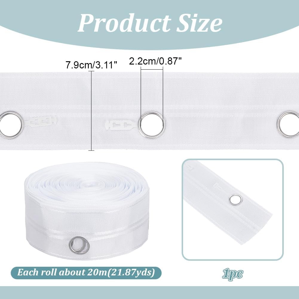 21.8 Yards Polyester Grommet Drapery Tape 3.1inch Wide White Flat Heading Grommet Tape with Iron Hole Curtain Tape