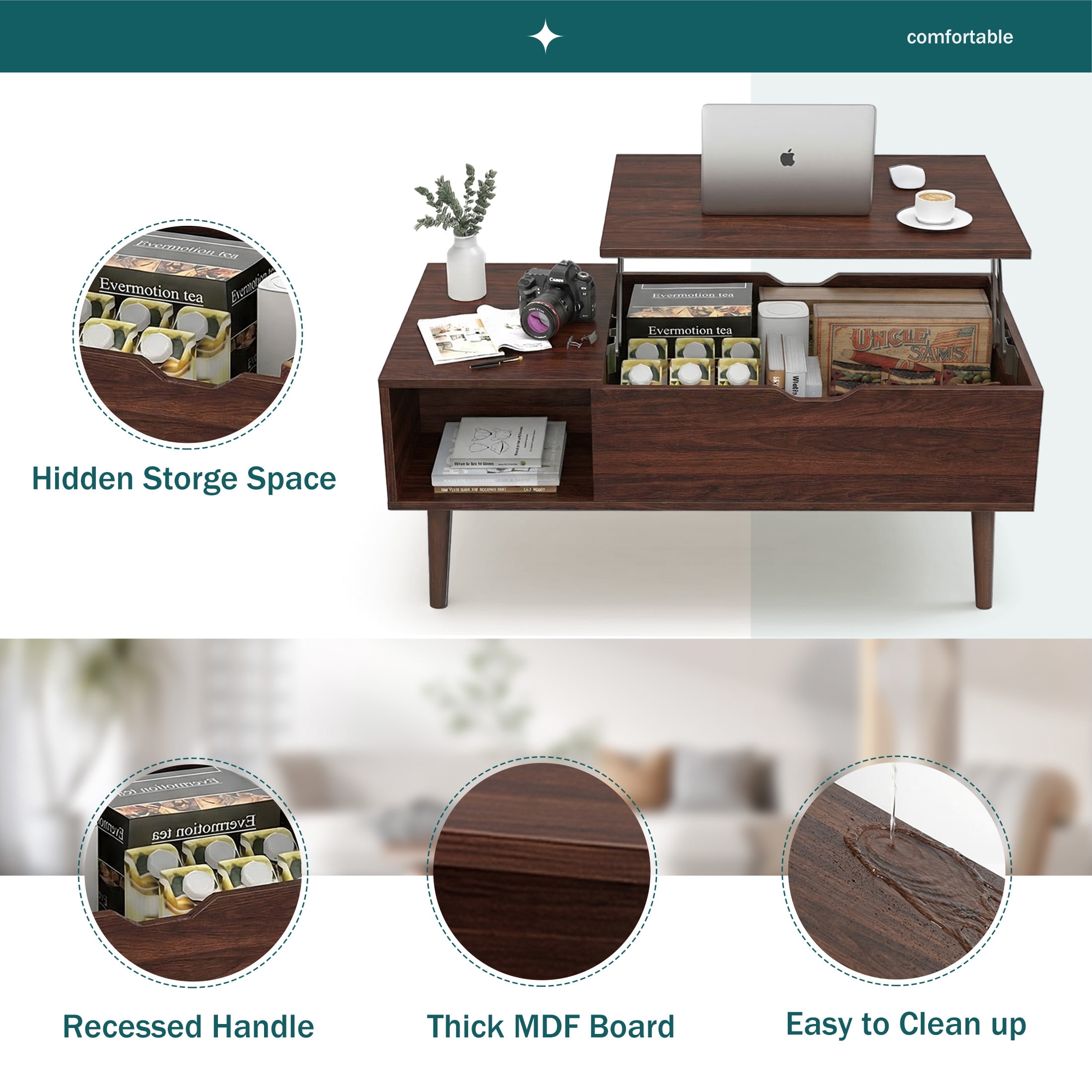 edx Wooden Lift Top Coffee Table with Hidden Compartments and Adjustable Shelves - Ideal for Small Homes, Apartments, Reception Rooms, Dark Brown