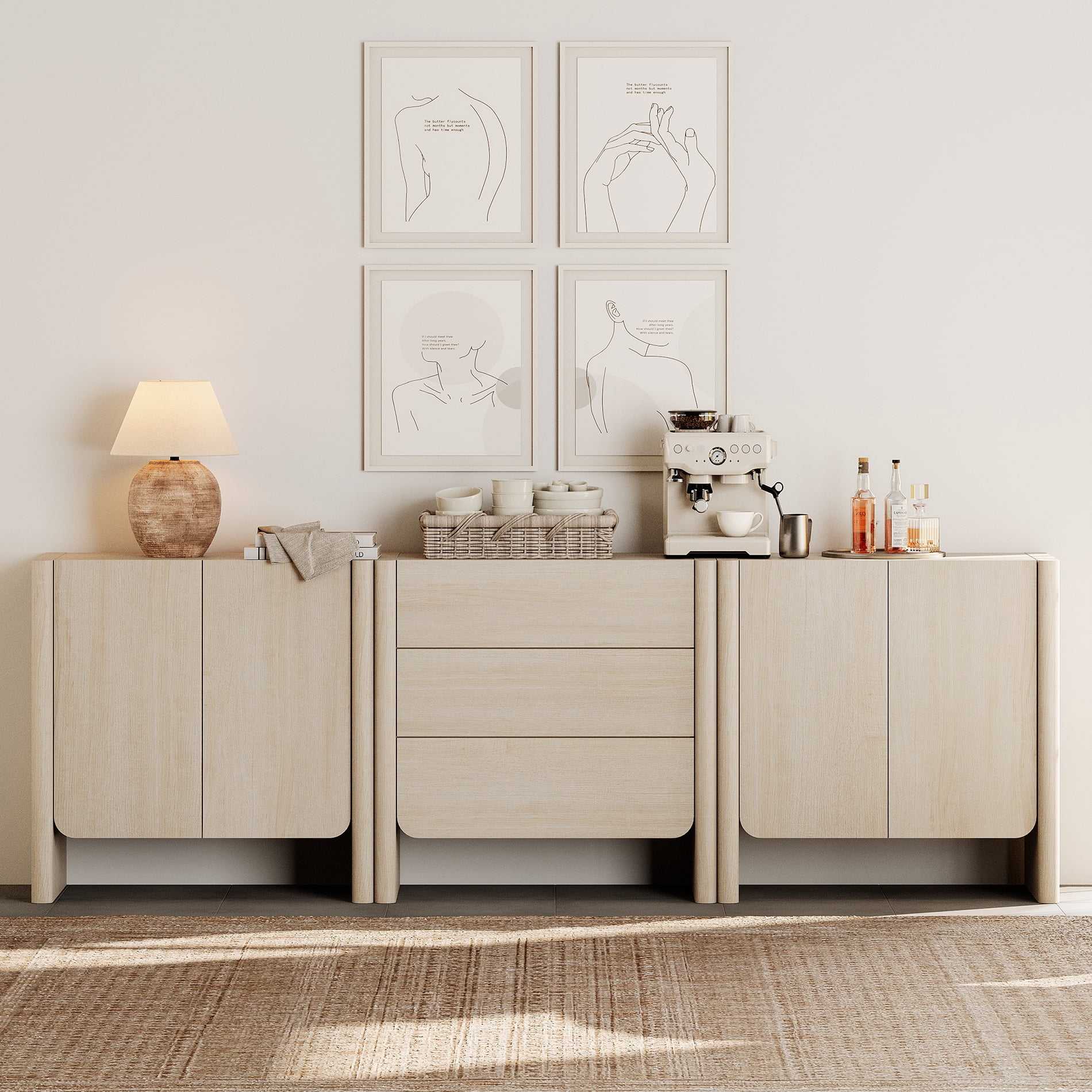 Modern French TV Stand, 94.5-Inch 3-Piece Media Console with 4 Doors and 3 Drawers, Supports TVs up to 105 Inches, Beige