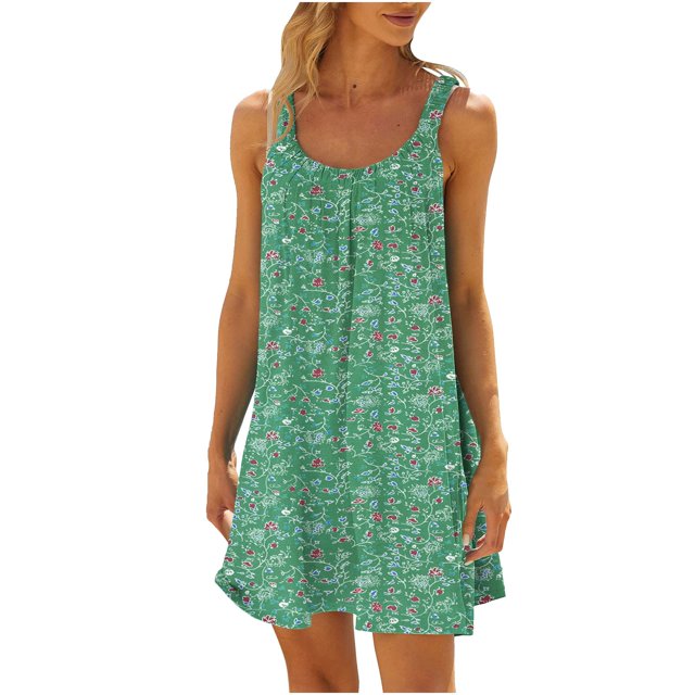 Robe Décontractée Sans Manches à Imprimé Mode pour Femmes Printemps et Été, Col Rond, Longueur Genou