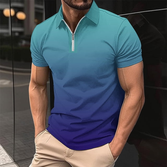 T-Shirt à Manches Courtes Imprimé Décontracté pour Hommes Col Rabattu Fermeture Éclair