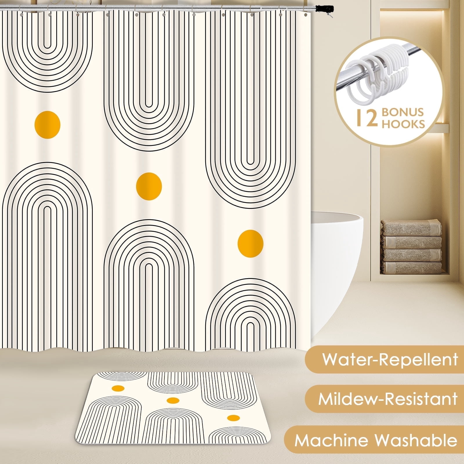 Dznils Boho Fabric Shower Curtains and Bath Rug Set, Modern Bathroom Curtain Sets, Beige, 72" x 72"
