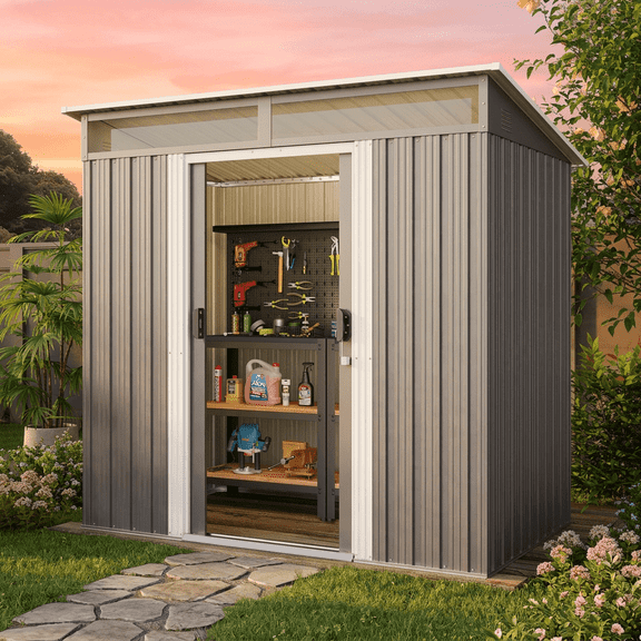 Asofer 6'x4' Outdoor Storage Shed with Window, Heavy Duty Galvanized Steel Metal Shed for Backyard & Patio, Dark Gray