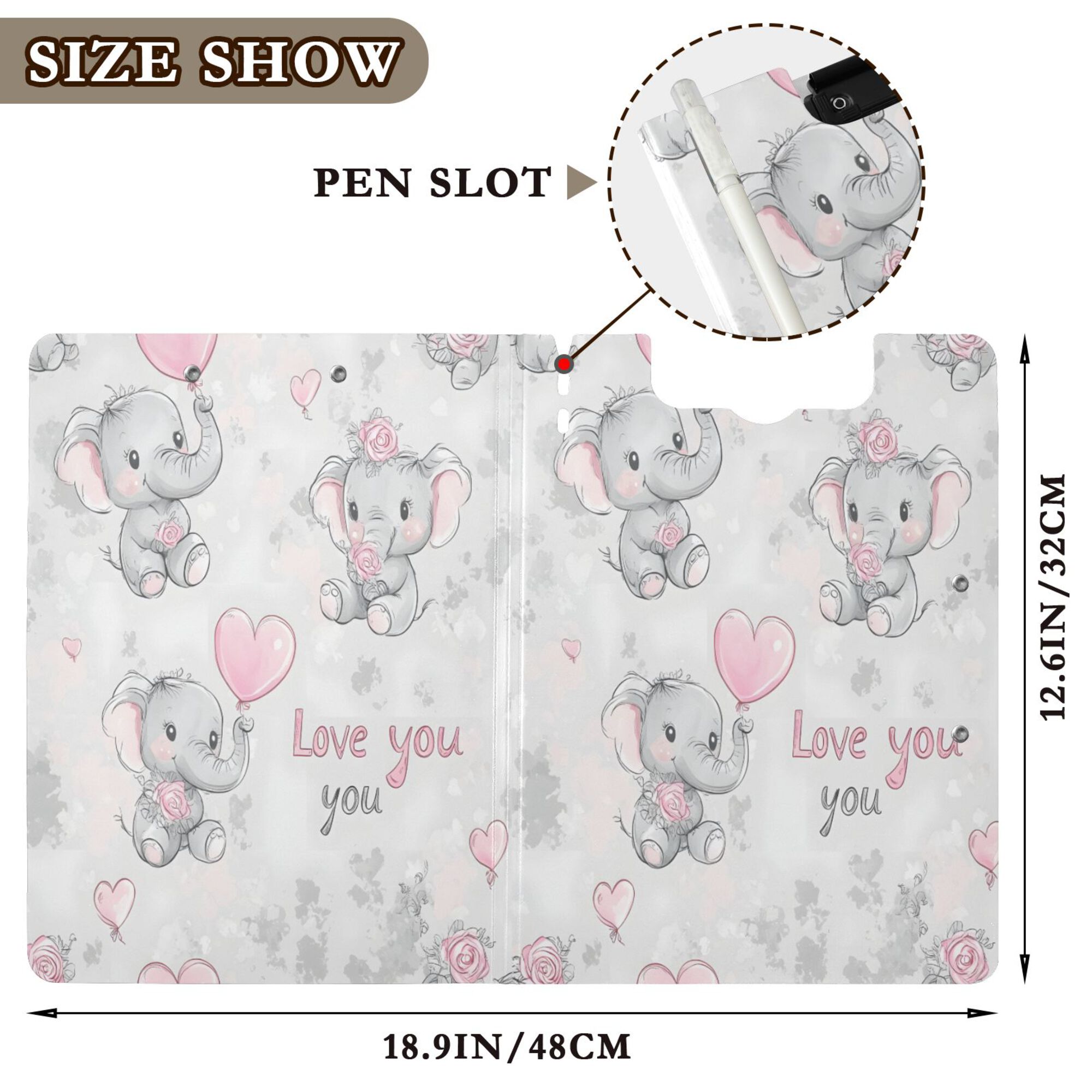 FORMRS A4 Clipboard Folder with Pen Holder Horizontal Foldable School Office Binder, Cartoon Elephant