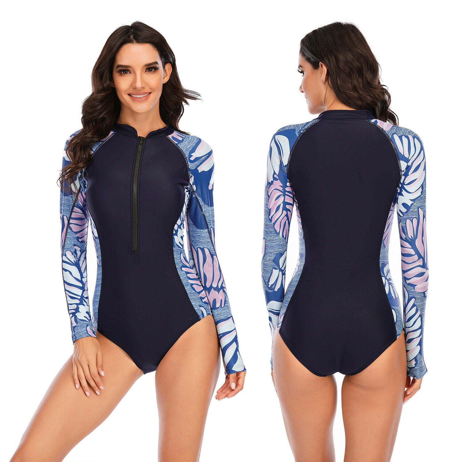OwlFay Women Long Sleeve Rash Guard Print Surfing Beachwear UV Sunsuit One Piece Swimsuit Swimwear Padded Bra Bathing Suit