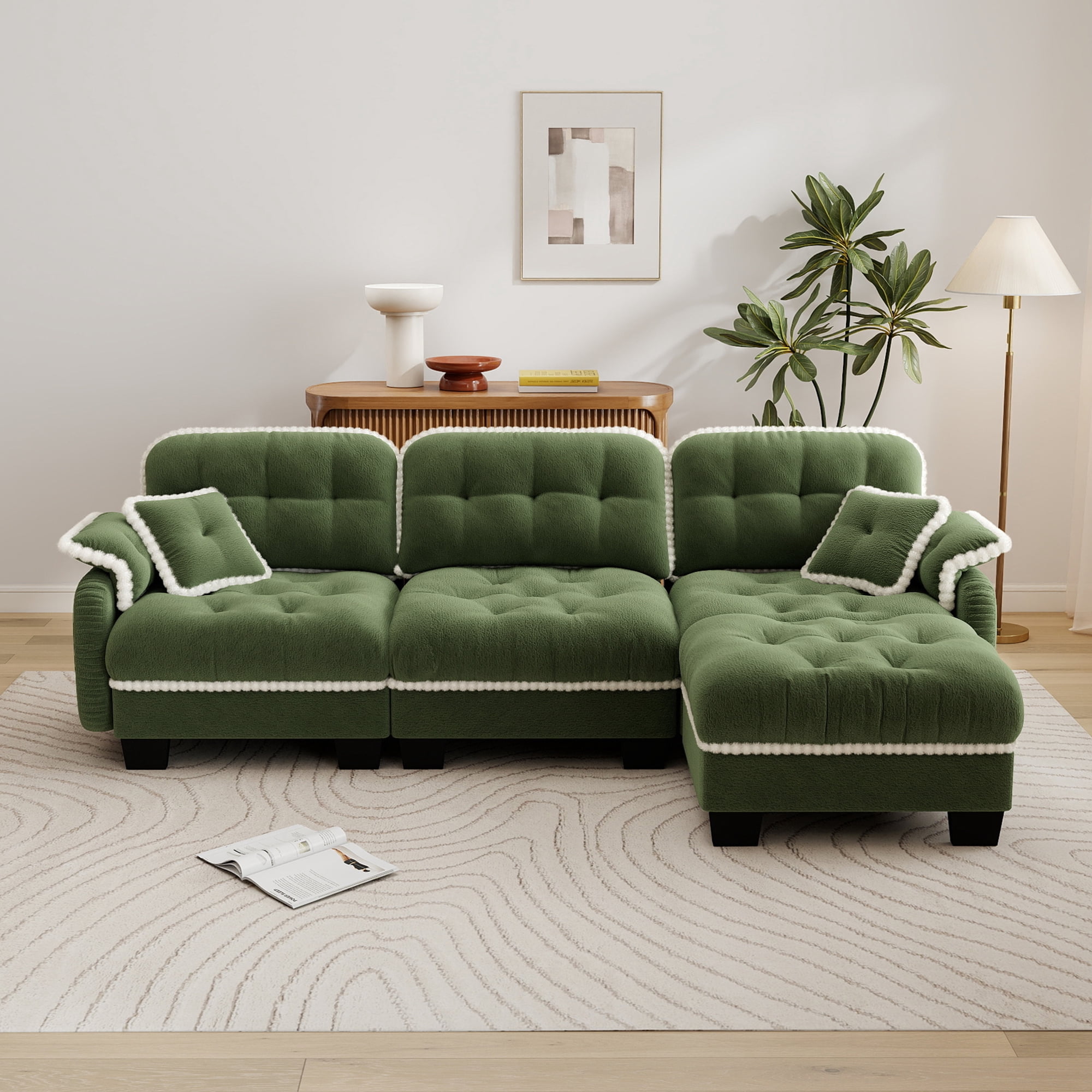 Aenkyo 100" Chenille Modular 3-Seater Sectional Sofa with Movable Ottoman, Green