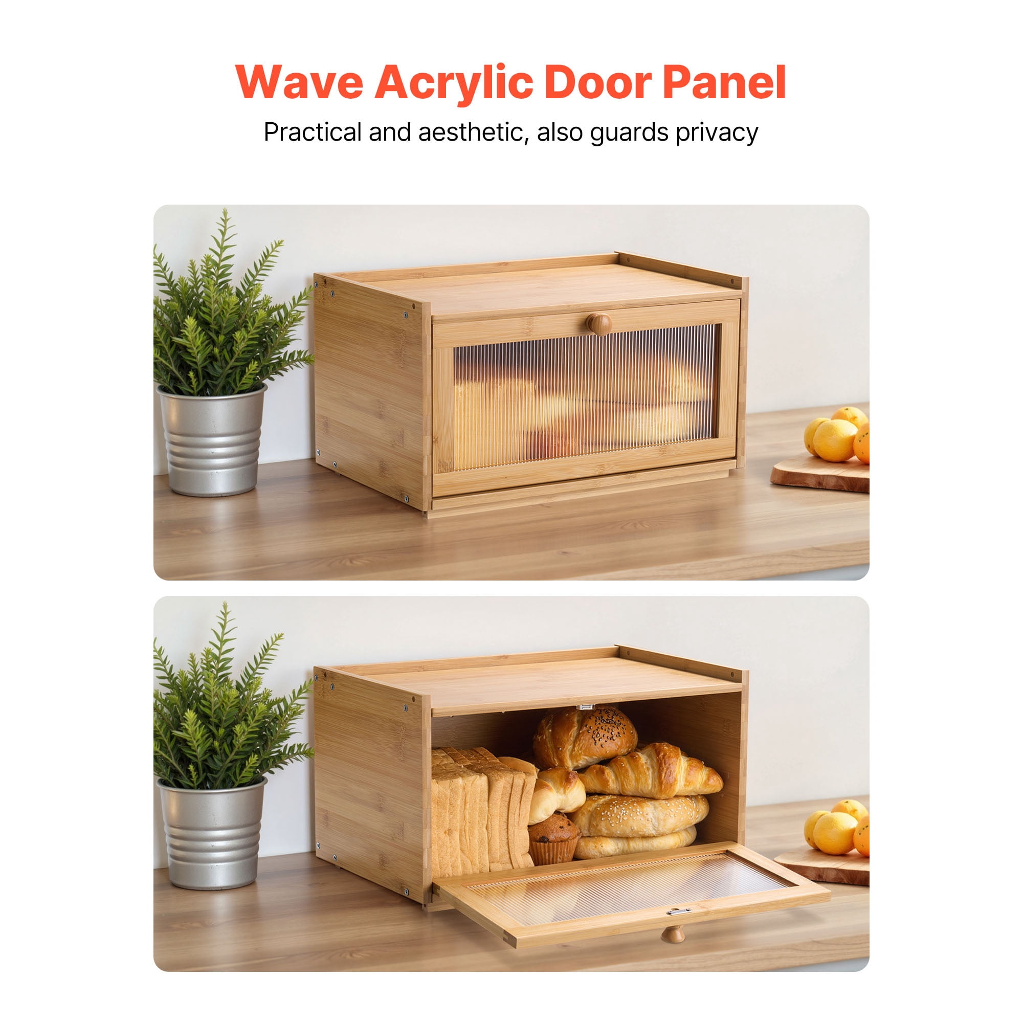 KFFKFF Large Capacity Bamboo Bread Storage Box for Kitchen Counter, Wooden Organizer for Homemade Bread with Acrylic Wavy Door, Natural Farmhouse Design