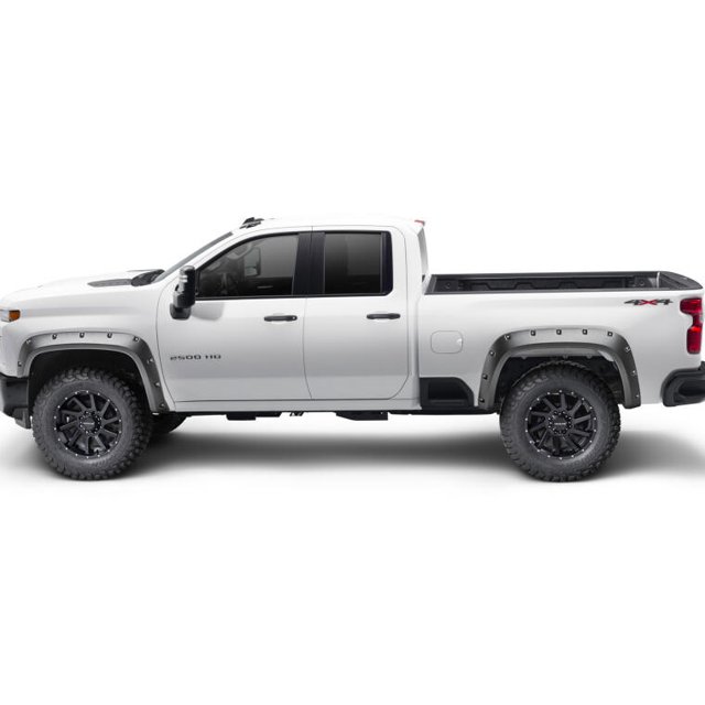 Bushwacker Fender Flare 40982-02 Pocket Style; 2 Inch Tire Coverage; Smooth Black; ABS Thermoplastic; 5-1/2 Inch Front/6 Inch Rear Flare Height; Set Of 4