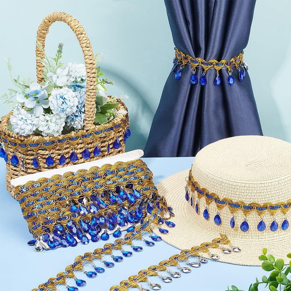 9.8Yards(9m) Hanging Beads Fringe Lace 1.9inch Wide Blue Rhinestone Bead Fringe Trim Polyester Sewing Fringe Tassel Trim by The Yard for Handmade DIY Clothing Curtain Decoration
