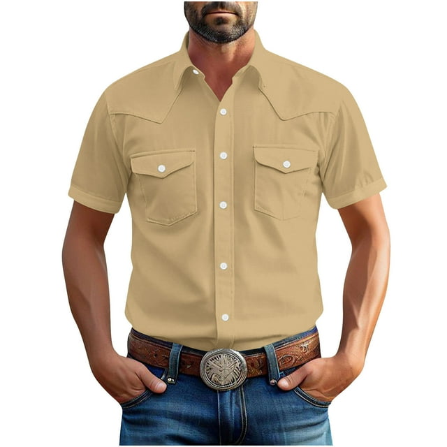Fengqque Men's Short Sleeve Button Down Casual Woven Shirt Two Chest Pockets Khaki S(S)