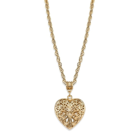 1928 Jewelry 14K Gold Dipped Filigree Puff Heart Pendant Necklace For Women With Austrian Crystals, 18