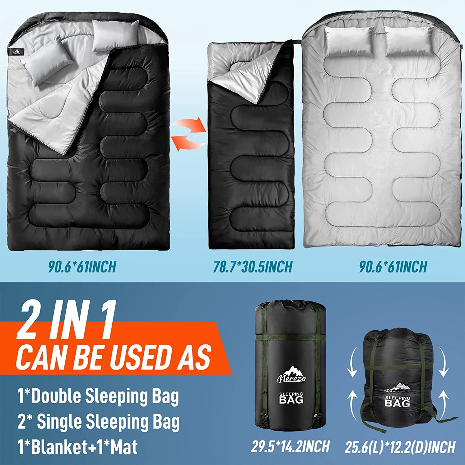 Double Sleeping Bag for Adults Mens with Pillow, XL Queen Size Two Person Sleeping Bag for All Season Camping Hiking Backpacking 2 Person Sleeping Bags for Cold Weather & Warm